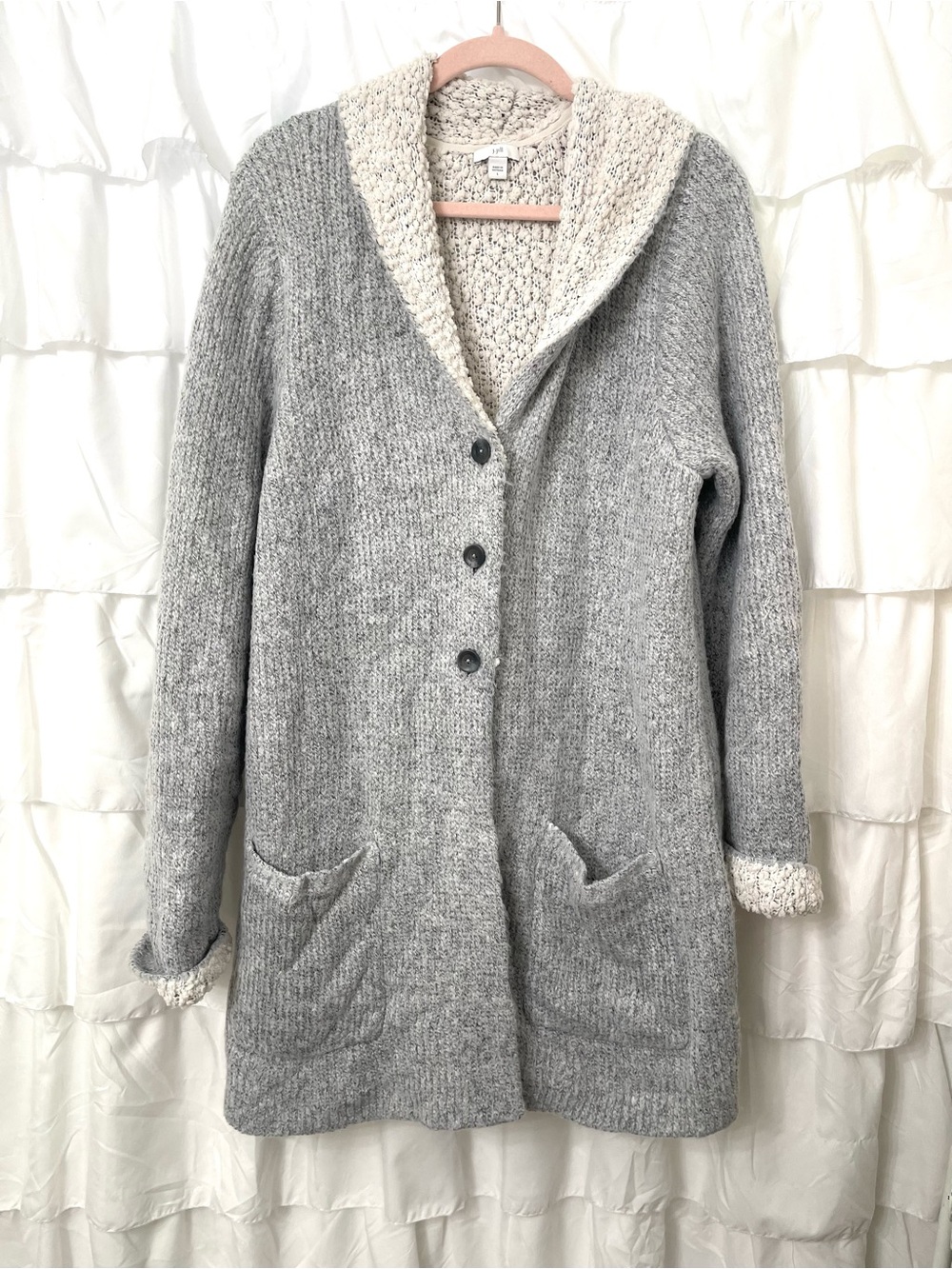 J. Jill Gray Cozy 3 Button Cardigan with Cream Fleece Lining.